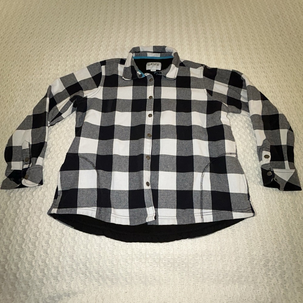 Orvis Plaid Fleece Lined Pinnacle Flannel Shirt Jacket Women Black White 2xl
